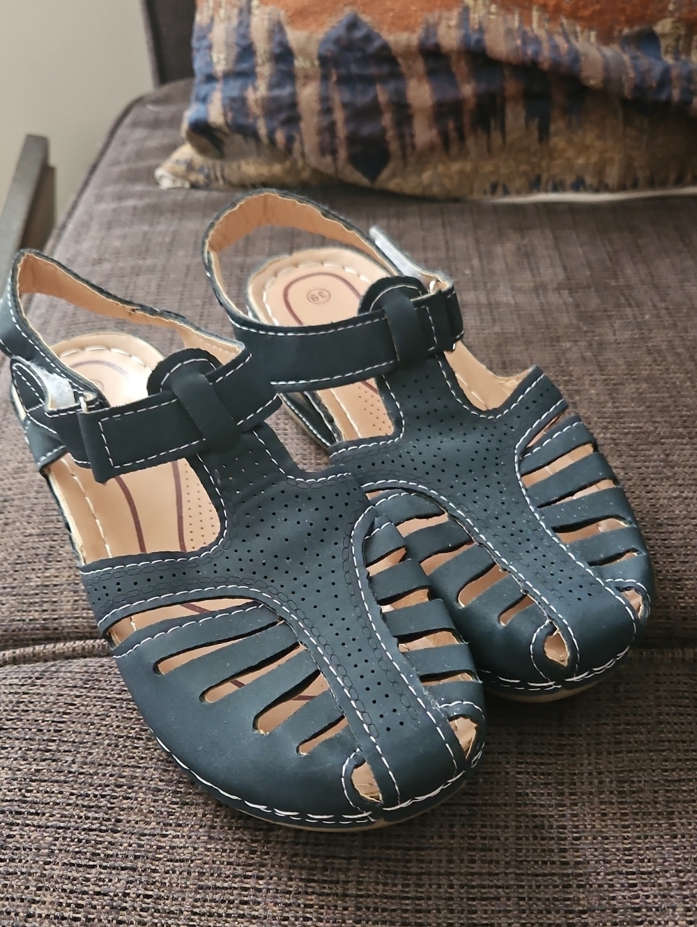Navy Blue Hollow-Out Wedge Sandals Size 39